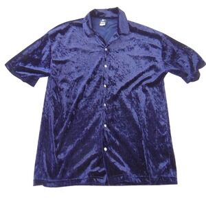 Hoax Vintage Navy Blue Crushed‎ Velvet Button Down Shirt Short Sleeve Medium
